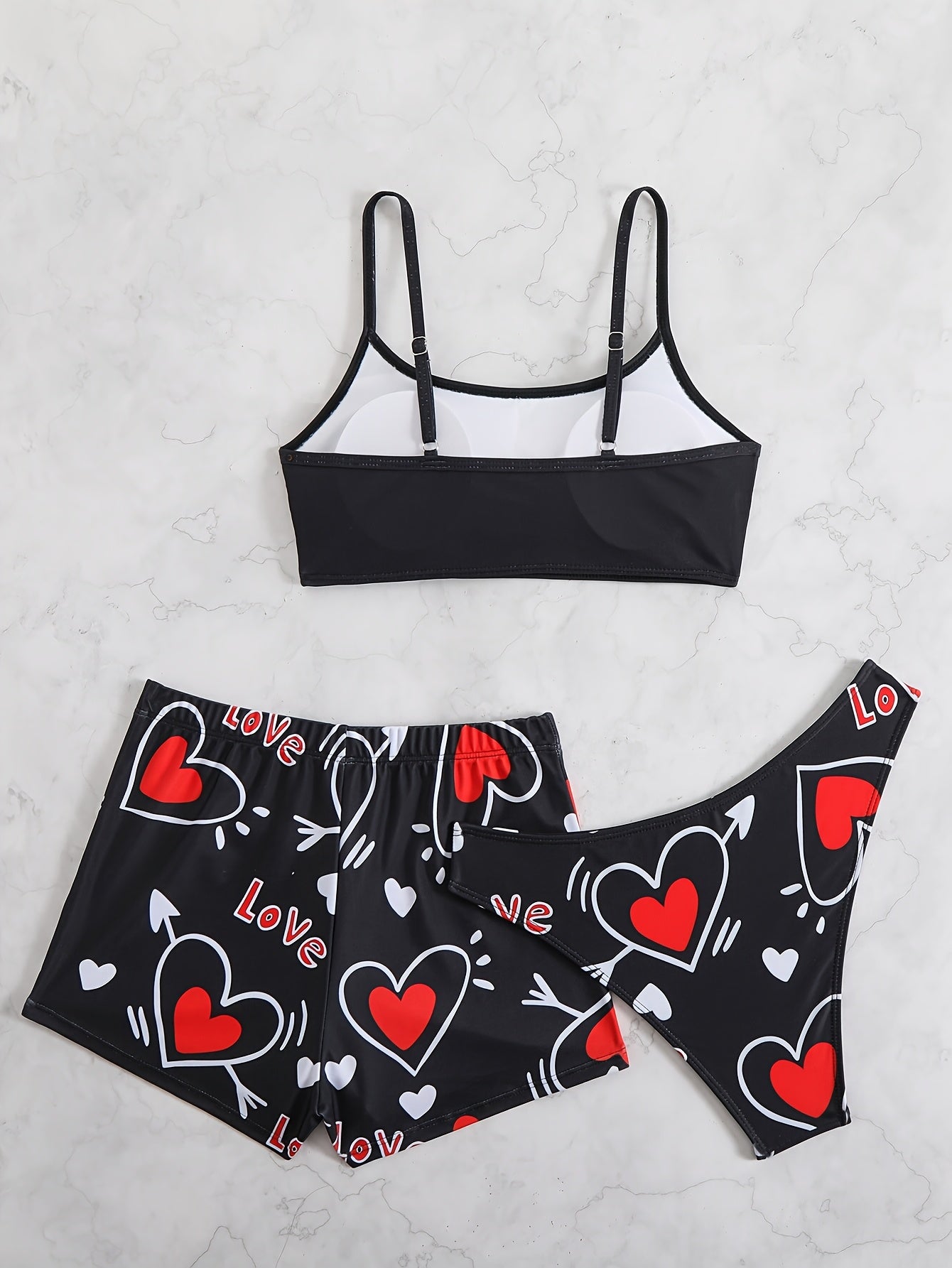 Women'S 3pcs Bikini Set, Sexy High Stretch Knit Fabric, Polyester 82% Elastane 18%, All Over Heart Print, Love My Boyfriend & Love Pattern, 200g/m², for Running & Swimming