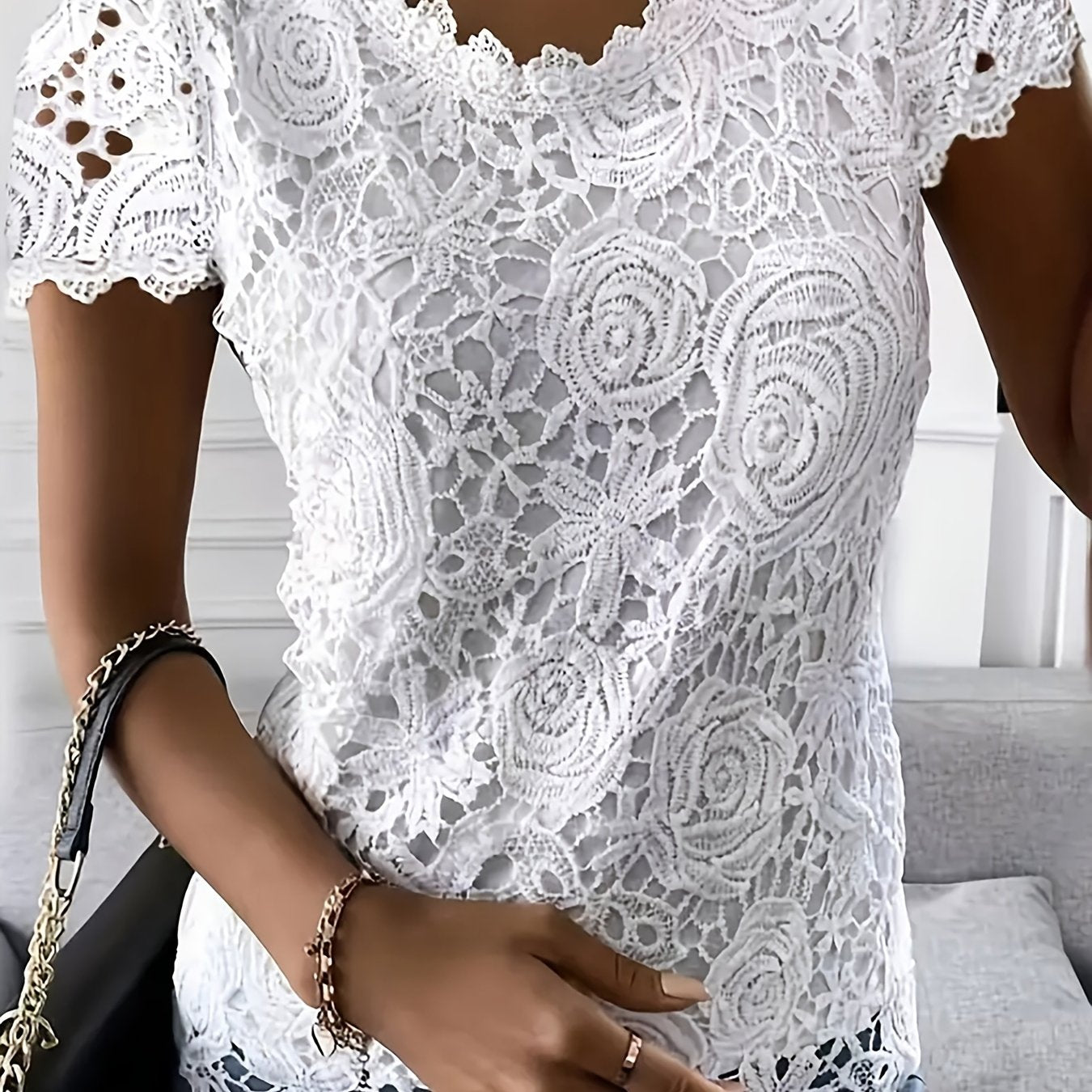 Solid Lace Short Sleeve Top, Versatile Blouse For Spring & Summer, Women's Clothing
