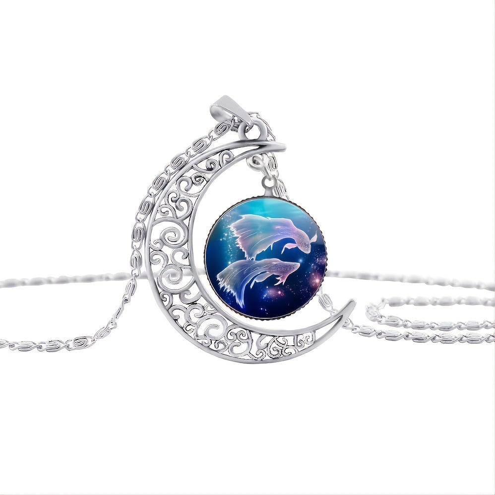 Twelve Zodiac Constellations Moon Phase Necklace - Timeless Gemstone Pendant with Adjustable Chain - Unique Personality Jewelry and Birthday Gift Idea for Women and Girls