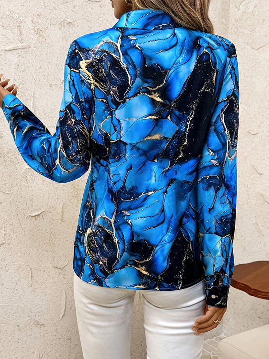 Elegant Women's Marble Print Business Blouse - Long Sleeve, Button-Up Shirt with Lapel Collar, Polyester Fabric, Blue & Golden Color Scheme, Perfect for Office or Casual Wear, Casual Elegant Top | Bold Aesthetic Top | Classic