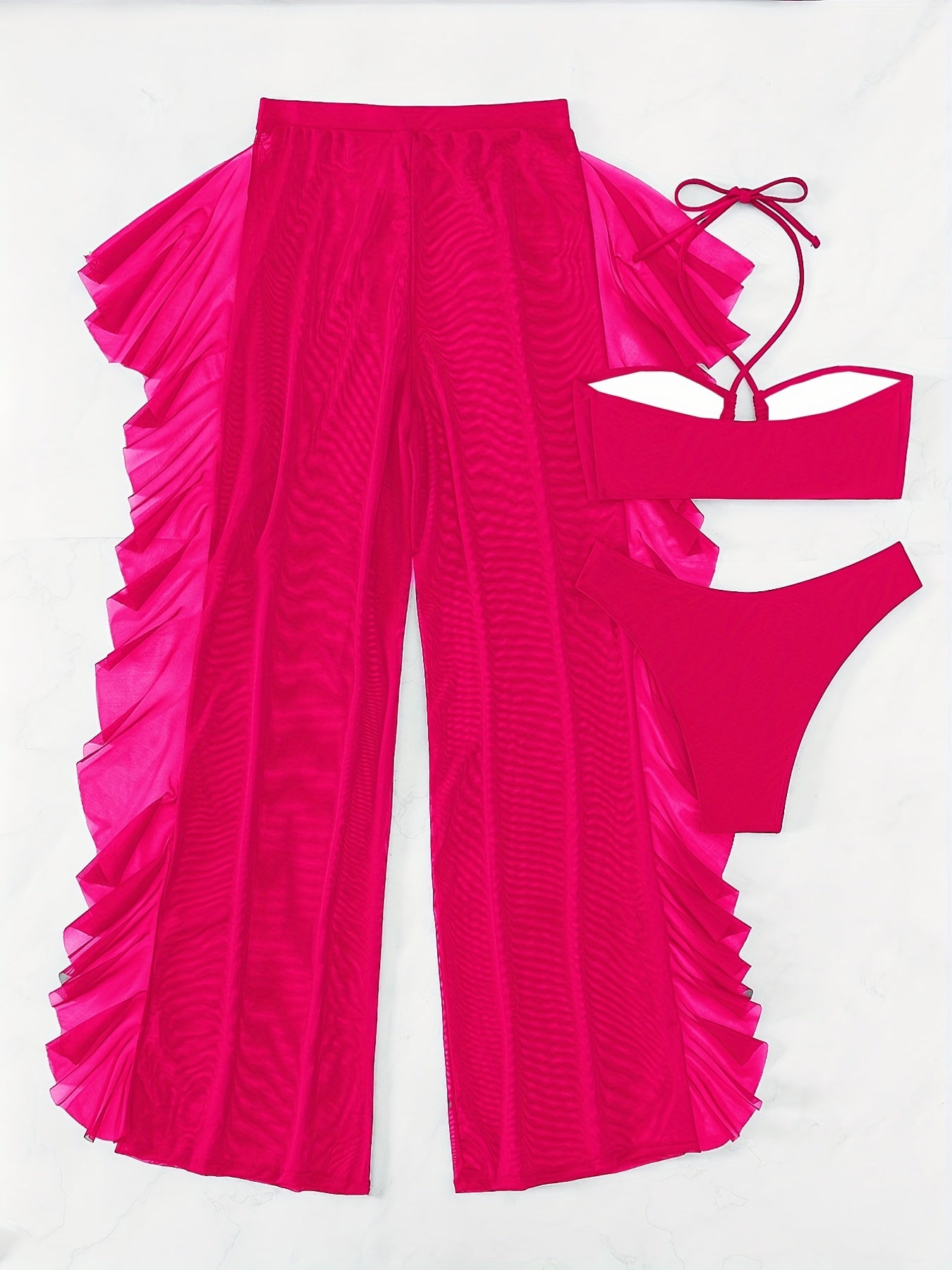 3-Piece Solid Color Halter Bikini Set - Flattering Low-Rise Bottom with Chic Ruffle Trim, Stylish Halter Neck Top & Sheer Beach Cover Up Pants - Elegant, Modern Womens Swimwear for Valentines Day