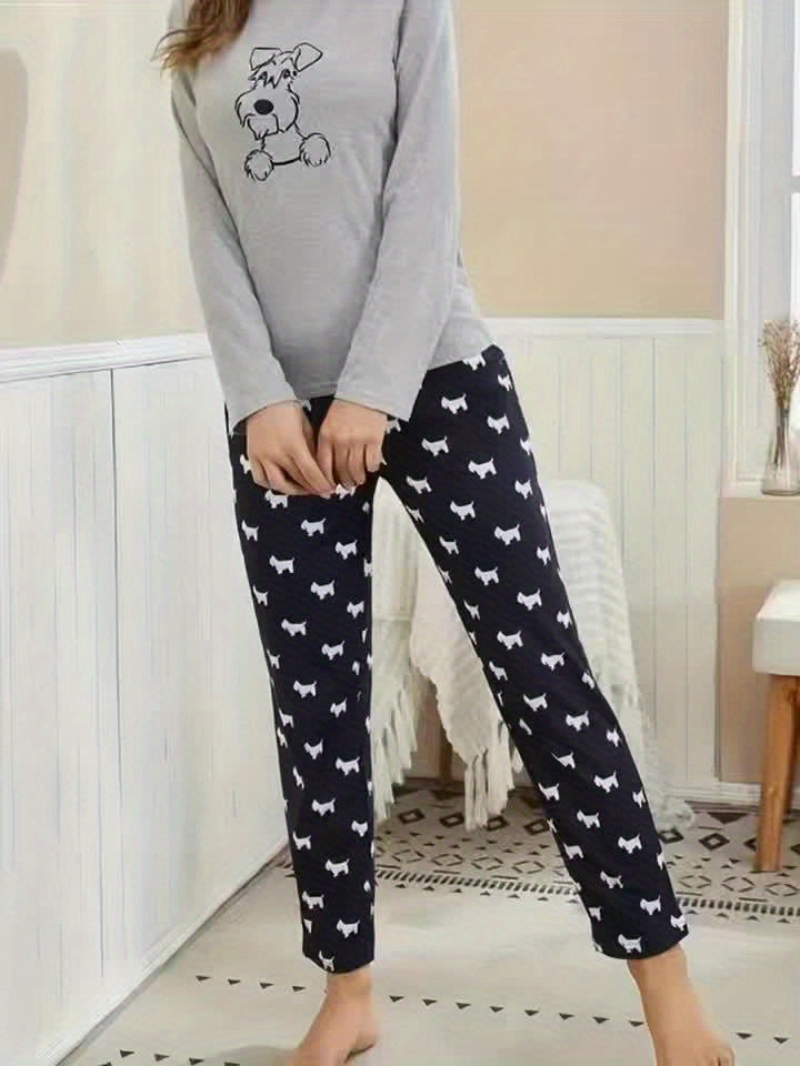 Cartoon Dog Print Pajama Set, Long Sleeve Crew Neck Top & Elastic Waistband Pants, Women's Sleepwear & Loungewear