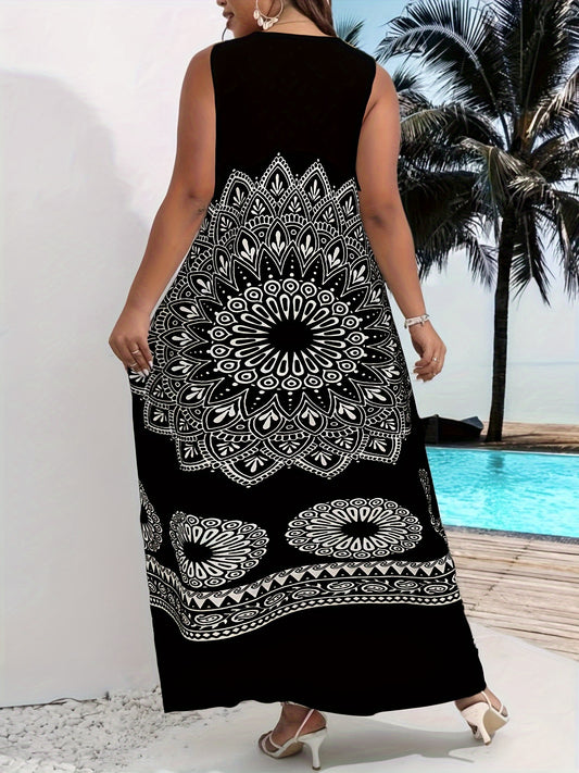 Mandala Floral Print Maxi Dress, Elegant Notched Neck Sleeveless Dress, Women's Clothing