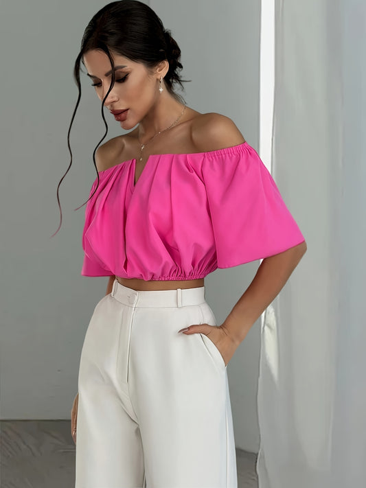 Sexy Off-the-Shoulder Crop Top Blouse - Stylish Short Sleeve Polyester Solid Color Notch Neck Design for Spring and Summer - Womens Fashion Clothing for All Seasons