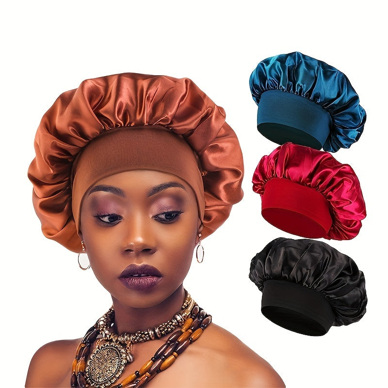 Solid Color Wide Elastic Band Satin Sleep Bonnet Soft Night Sleeping Cap For Women