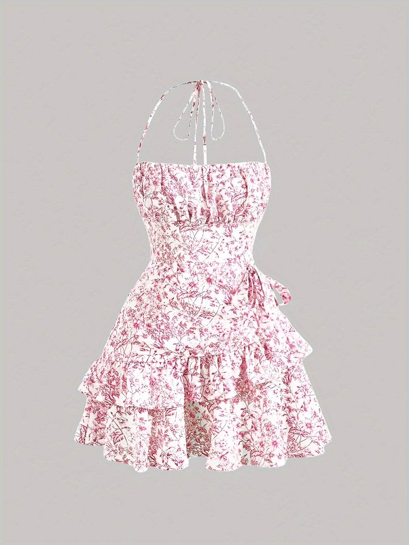 Floral Print Layered Ruffle Hem Halter Dress, Elegant Sleeveless Dress For Spring & Summer, Women's Clothing