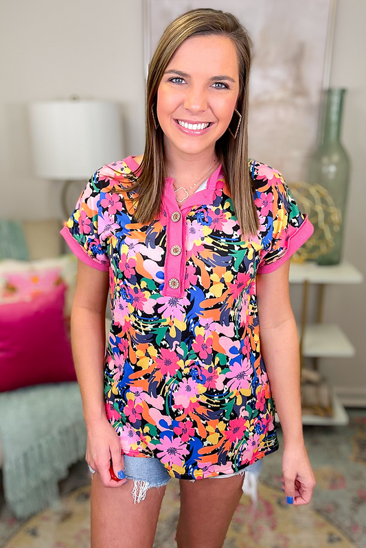 Rose Floral Short Sleeve Contrast Edge Plus Size Henley Top