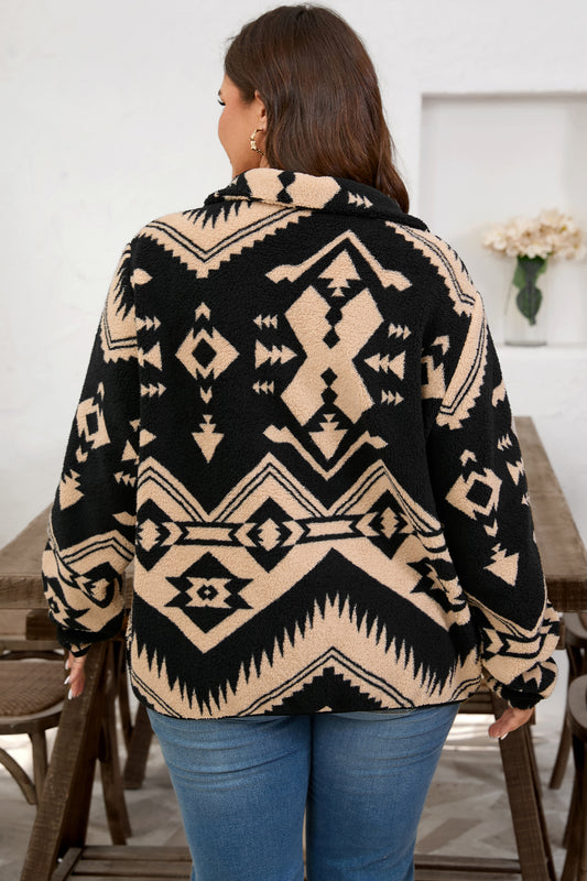 Black Plus Size Western Aztec Pattern Half Button Collared Plush Sweatshirt