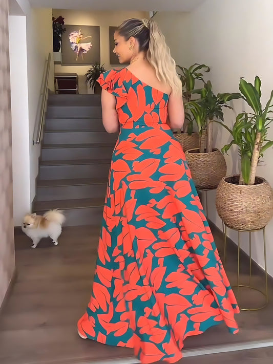 Long Elegant One Shoulder Neck Split Thigh Print Dress - Sleeveless, No Elasticity, Woven Polyester, Random Print, Perfect for Wedding, Occasion, Engagement, Ceremony, Evening - Summer Party Dress for Women