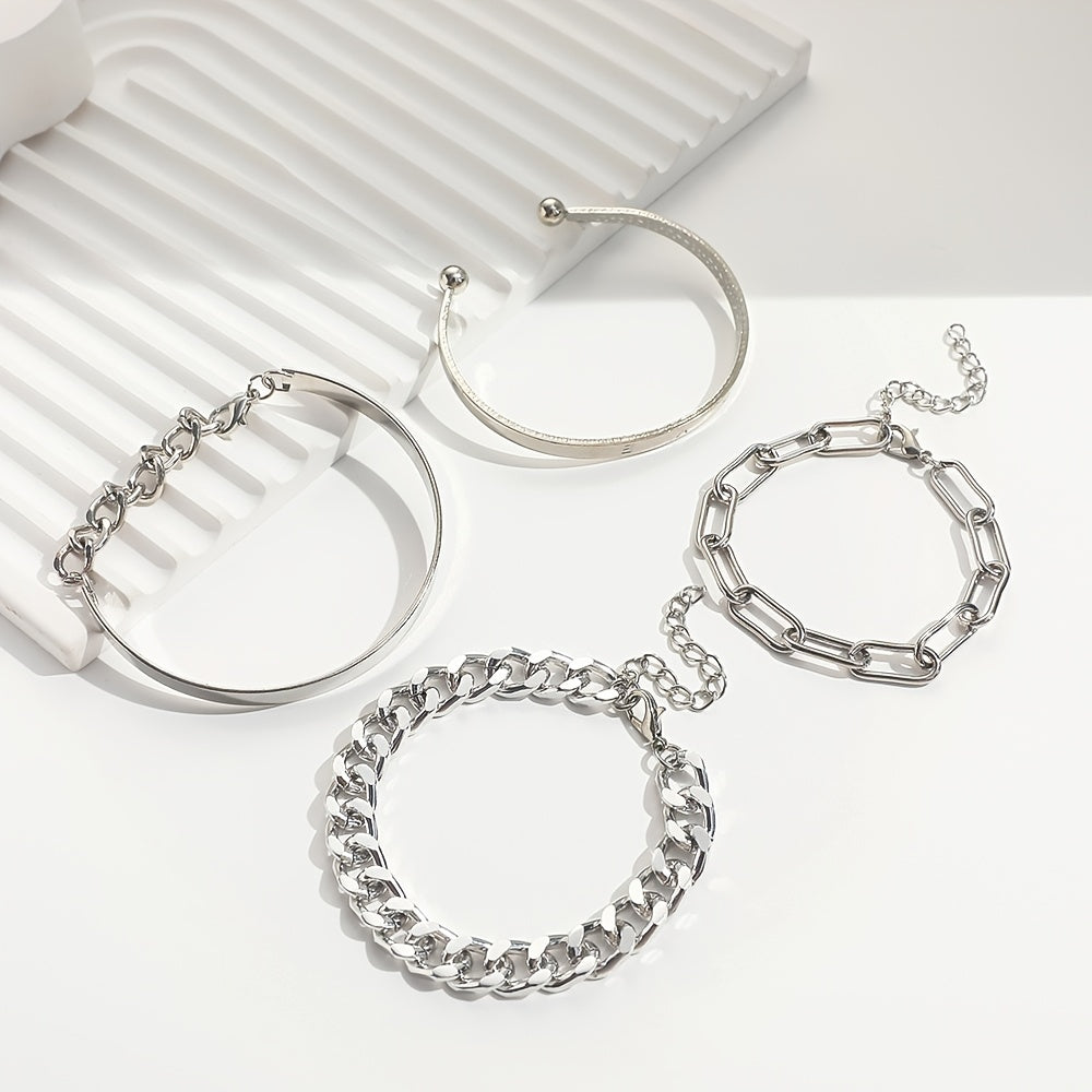 4 Pcs/Set Multilayer Hand Jewelry Decorative Simple Chain & Bangle Bracelet Set for Women - Stylish Party Clothing Accessory - Durable Handcrafted Design - Perfect Gift Idea
