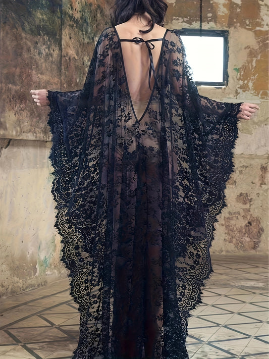 Boho Style Semi Sheer Floral Lace Loose Fit Batwing Sleeve Backless Cover Up Dress Without Bikini For Women