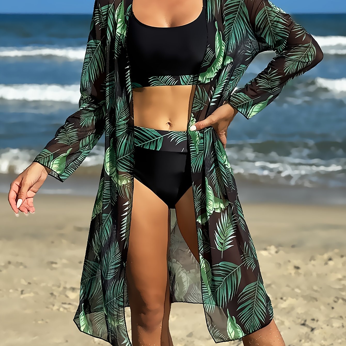 Tropical Leaf Print Stretchy 3 Piece Set Bikini With Long Sleeve Kimono, Scoop Neck Contrast Band Stylish Swimsuits, Women's Swimwear & Clothing For Holiday