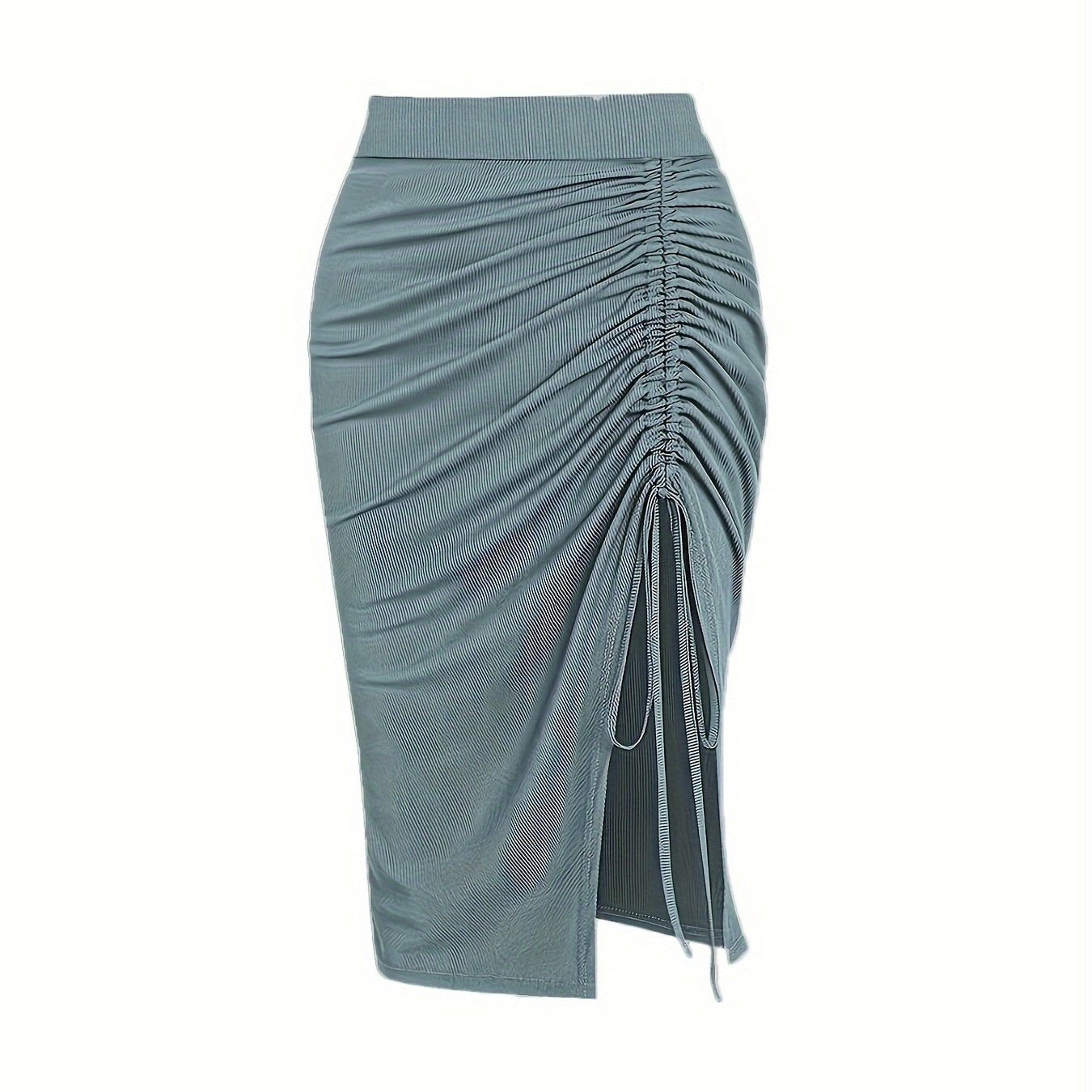 Solid Ruched Drawstring Split Skirt, Casual Bodycon Stretchy Skirt For Spring & Summer, Women's Clothing