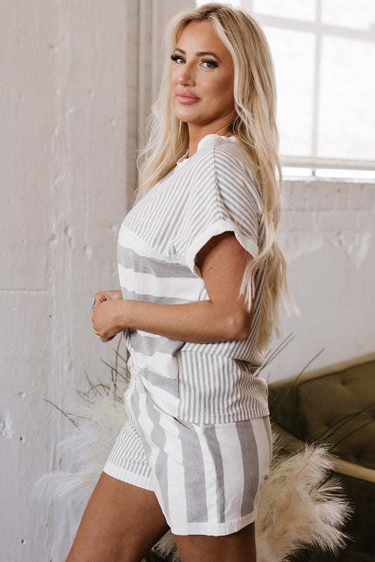 Gray Stripe Mixed Print Short Sleeve Top and Pocketed Shorts Set