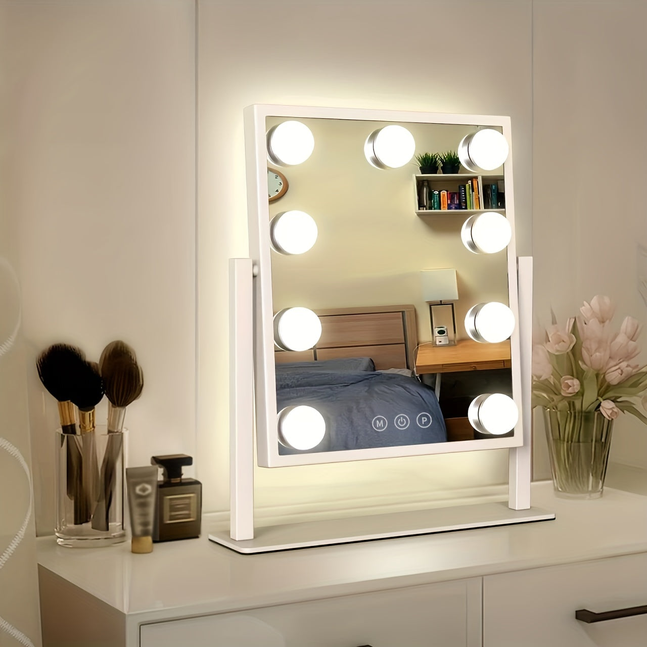 Makeup Mirror with Lights, Hollywood Makeup Mirror with 3 Color Modes and 9 Adjustable LED Bulbs, Zoom in 360° Rotation Touch Control
