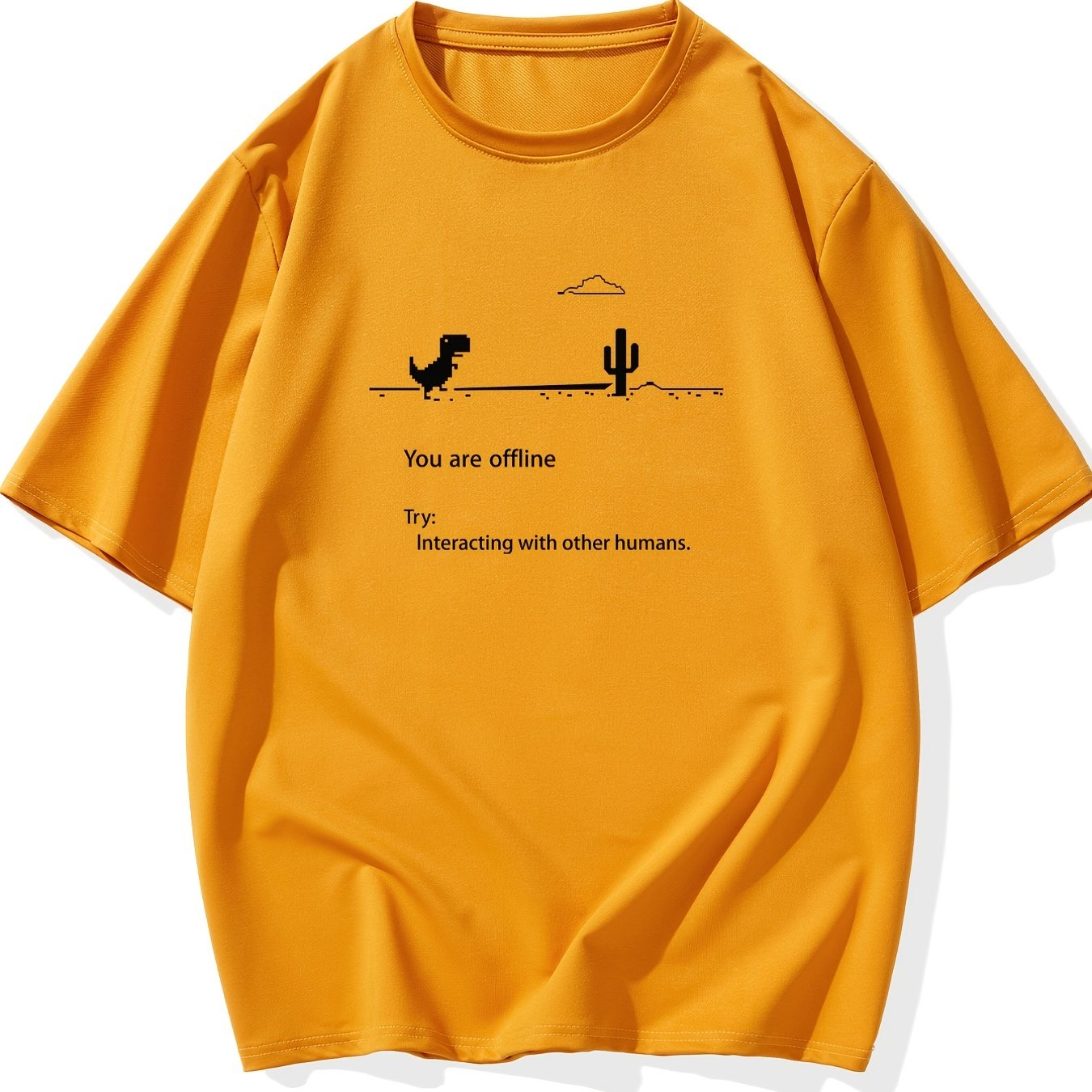 Men's Plus Size 'You are offline...' Print Stretch T-shirt, Oversized Short Sleeve Tops For Spring Summer, Causal Loose Clothing For Big And Tall Guys