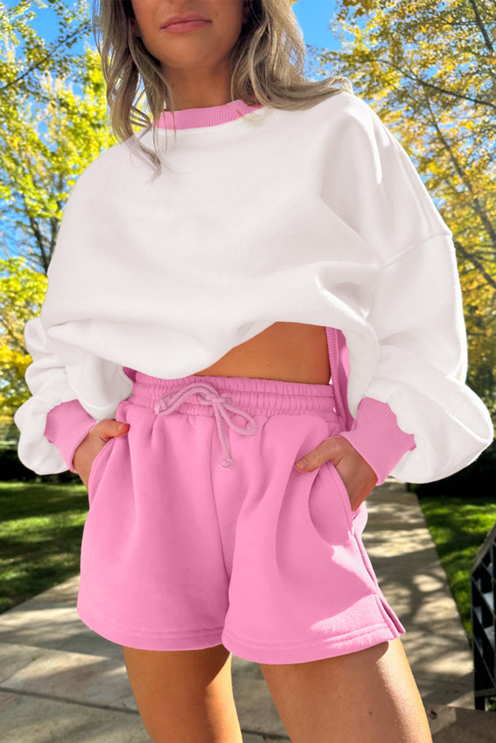 Strawberry Pink Color Block Pullover and Lace-up Elastic Waist Shorts Set