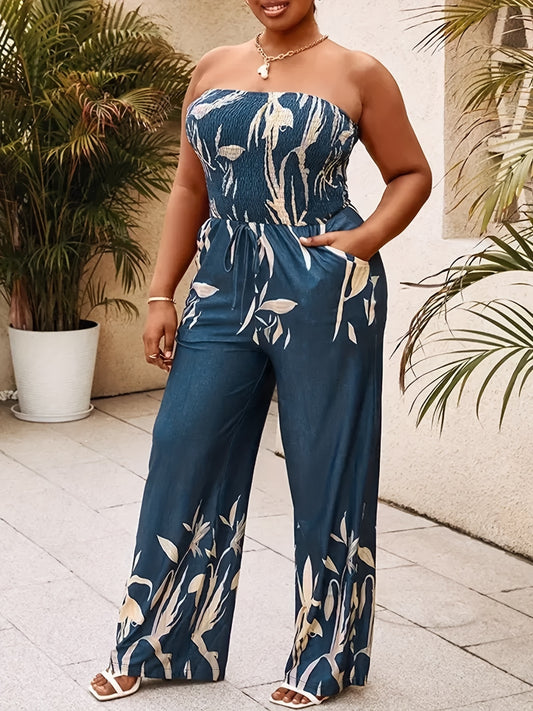 Vibrant Floral Print Bandeau Shirred Tube Jumpsuit - Comfy Vacation Essential with Tie Front Pockets for Spring & Summer - Womens Polyester Woven Casual Clothing with No Elasticity