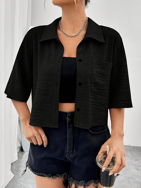 Button Front Crop Blouse, Casual Short Sleeve Blouse For Spring & Summer, Women's Clothing