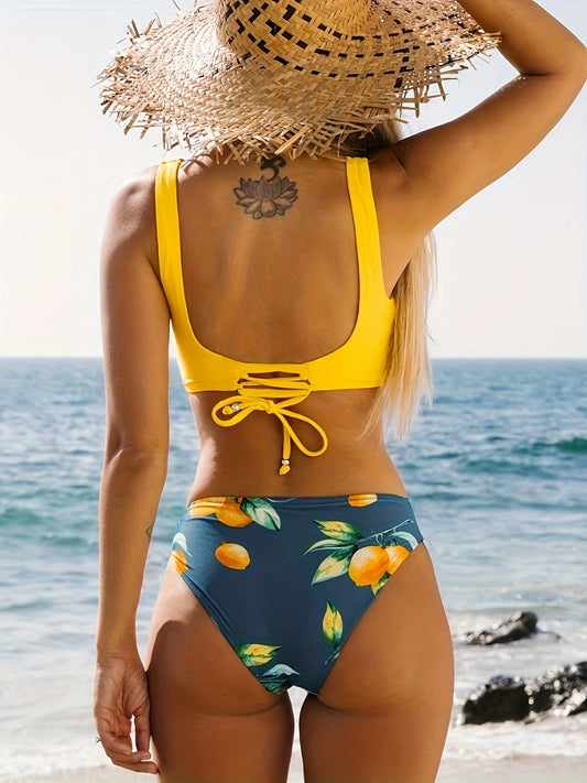 2 Piece Yellow Crisscross Tie Back Top and Vibrant Lemon Print Bottoms Set - Women's Swimwear & Clothing - Stylish Bikini Swimsuits for Summer Vacation