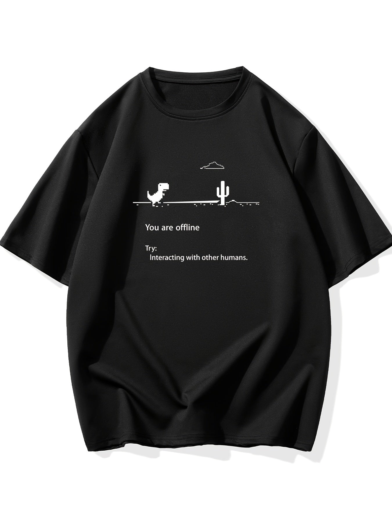 Men's Plus Size 'You are offline...' Print Stretch T-shirt, Oversized Short Sleeve Tops For Spring Summer, Causal Loose Clothing For Big And Tall Guys