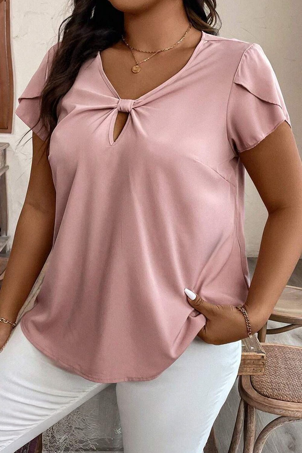 Pink Knotted Keyhole Front Petal Short Sleeve Plus Size Top