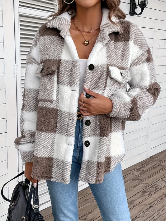 Cozy Plaid Teddy Jacket - Soft Thermal Long Sleeve, Flap Pockets, Button Front, Casual Chic Coat for Fall & Winter - Women's Warm Clothing for Everyday Wear