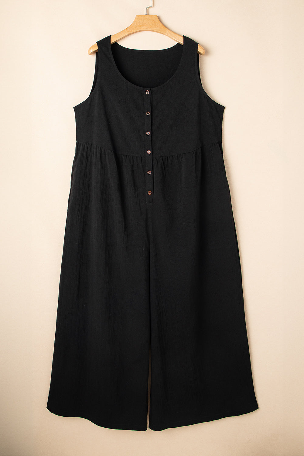 Black Plus Size Sleeveless Button Front Loose Jumpsuit