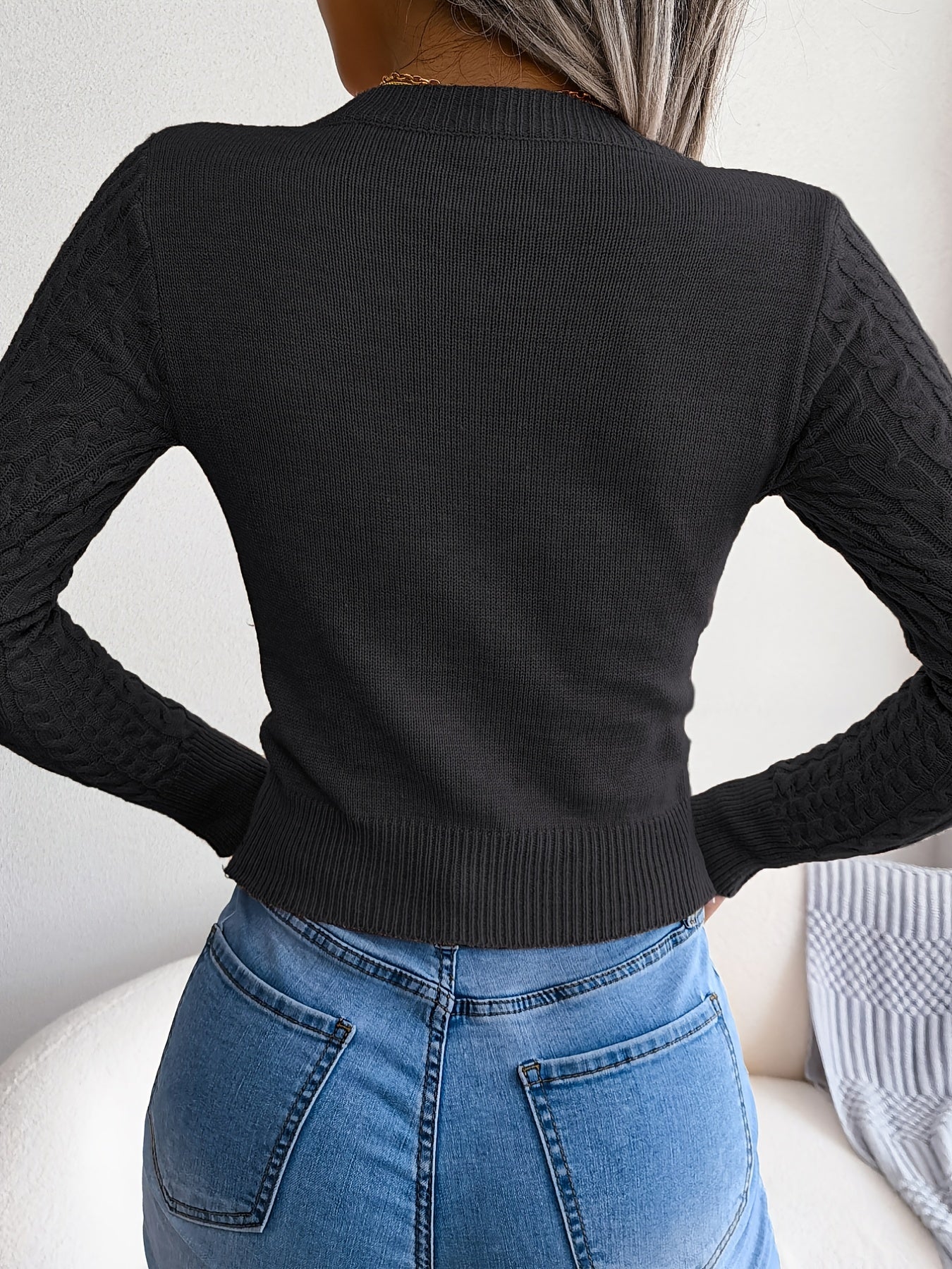 Women'S Sexy Hollow-Out Knit Pullover Sweater, Long Sleeve Crew Neck, Skinny Fit, Acrylic Blend (Polyester 28%, Polyamide 22%, Viscose 28%), High Stretch Fabric, Solid Color, Spring/Fall Fashion Top