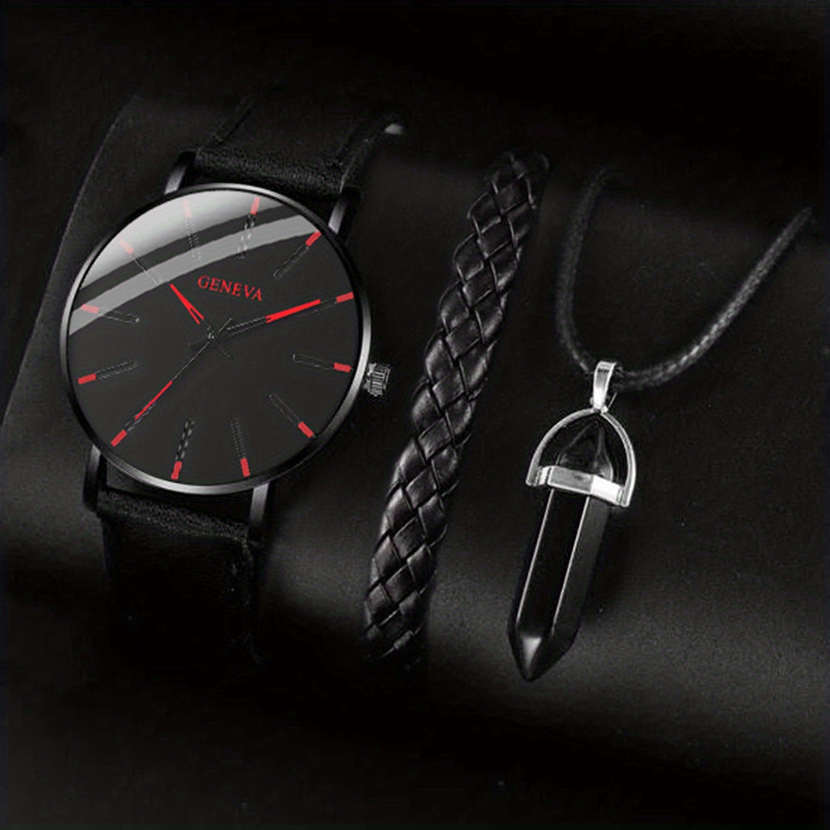Elegant Men's Quartz Watch with Matching Bracelet and Necklace