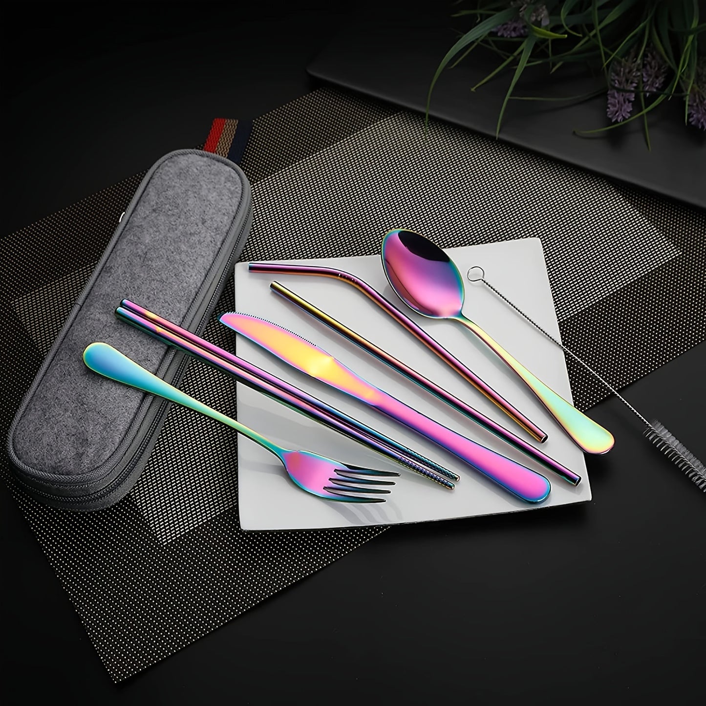 8pcs Portable Utensils, Travel Camping Cutlery Set, Knife Fork Spoon Chopsticks Cleaning Brush Straws Portable Case, Stainless Steel Flatware Set