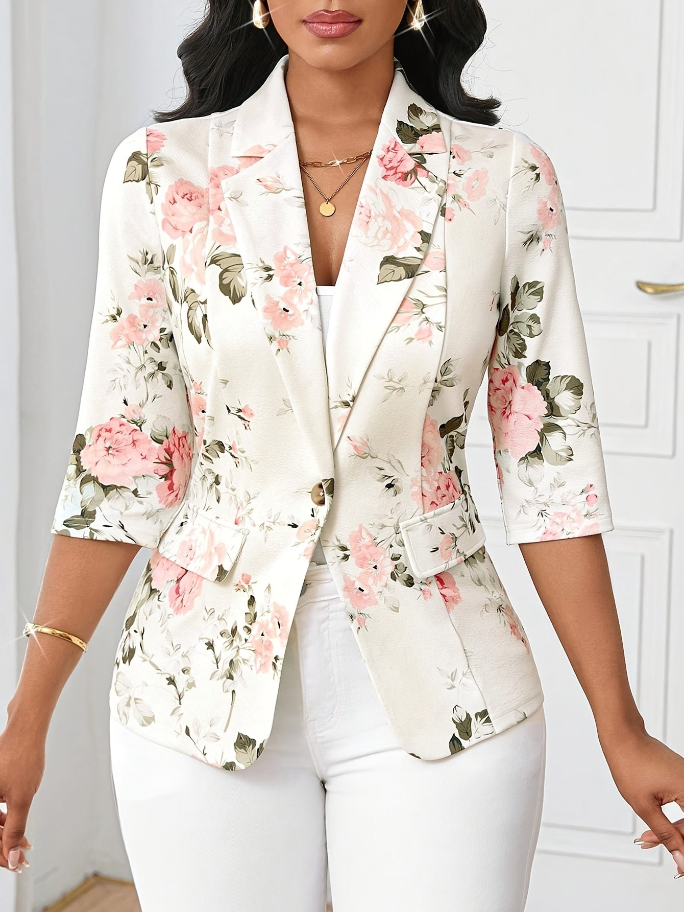 Women'S Floral Print Blazer - Elegant Office to Party Jacket, Structured Fit with Button Front Closure, Non-Stretch Fabric for Fall/Winter, Professional Women, Highquality Material, Work Attire, Fashion Lovers, Stylish Outerw