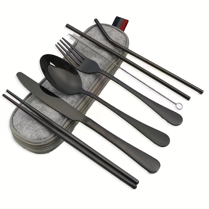 8pcs Portable Utensils, Travel Camping Cutlery Set, Knife Fork Spoon Chopsticks Cleaning Brush Straws Portable Case, Stainless Steel Flatware Set