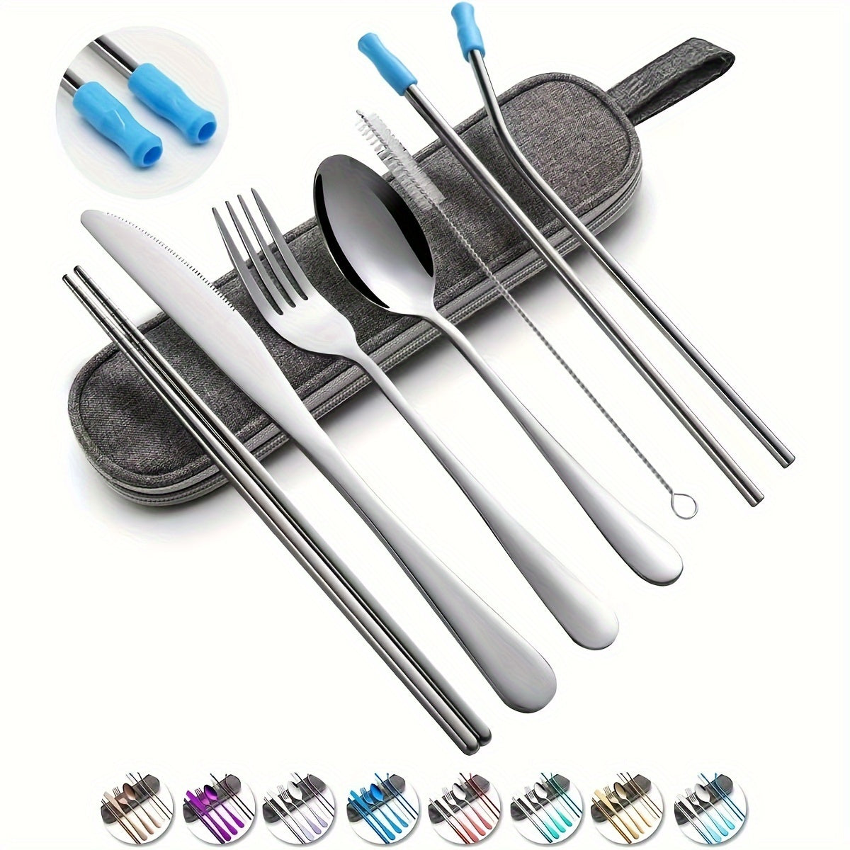 8pcs Portable Utensils, Travel Camping Cutlery Set, Knife Fork Spoon Chopsticks Cleaning Brush Straws Portable Case, Stainless Steel Flatware Set