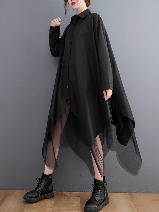Asymmetric Hem Button Front Shirt, Stylish Long Sleeve Contrast Mesh Loose Blouse For Spring & Fall, Women's Clothing