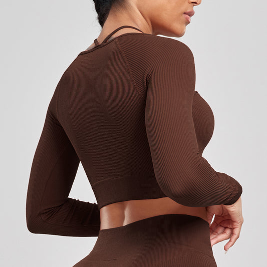 Sports Running Seamless Ribbed Long Sleeve Yoga Fitness Set, Bodycon High-Waisted Backless T-Shirt, Quick-Dry Workout Apparel