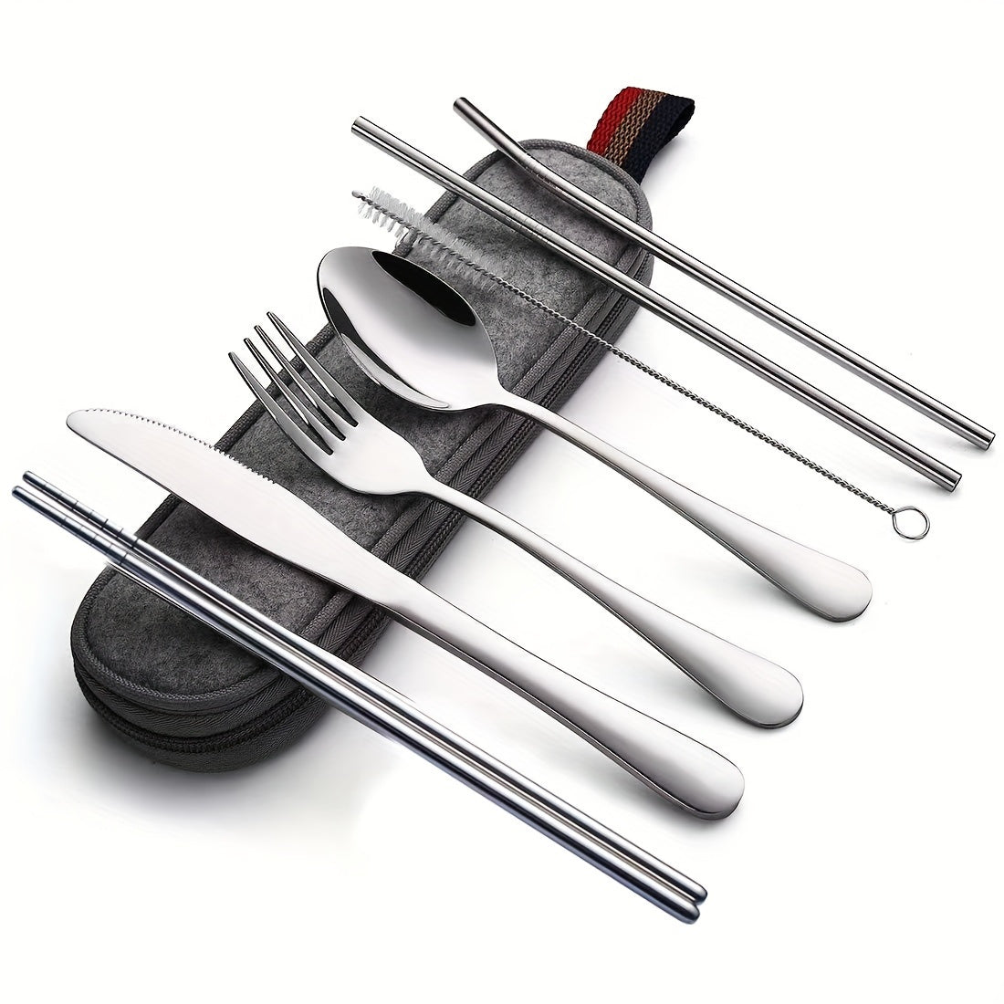 8pcs Portable Utensils, Travel Camping Cutlery Set, Knife Fork Spoon Chopsticks Cleaning Brush Straws Portable Case, Stainless Steel Flatware Set