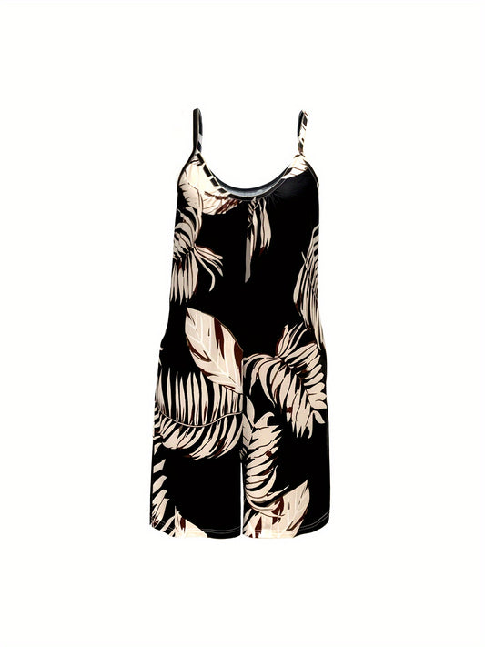 Tropical Plants Print Cami Romper - Vibrant Crew Neck Jumpsuit with Pockets - Effortless Sleeveless Style for Womens Vacation Wear