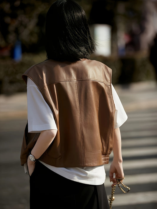 Women's Vintage Style Versatile Genuine Sheepskin Leather Vest, Casual Sleeveless Jacket With Zipper Detail