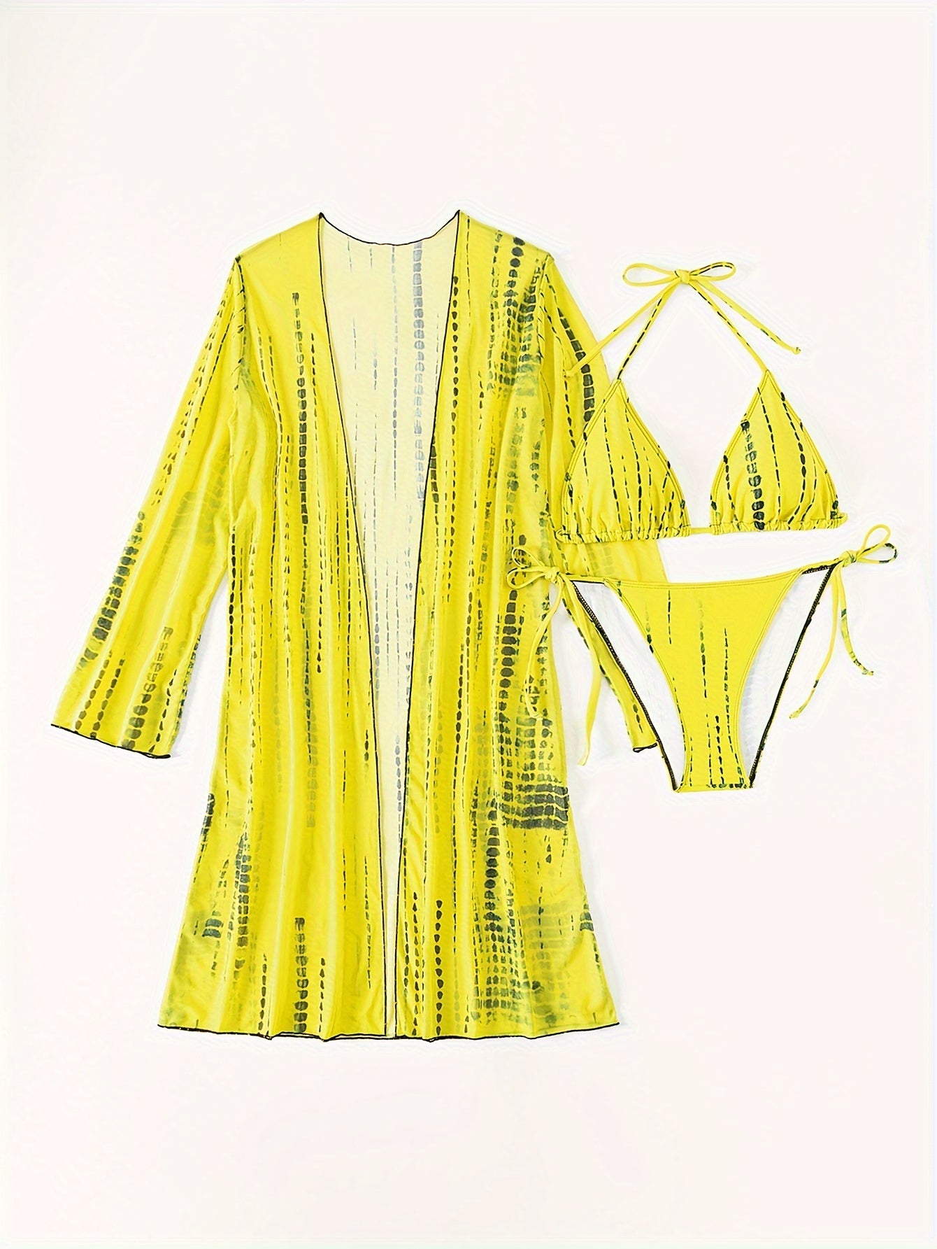 Trendy Tie Dye Striped Bikini Three Pieces Set, Solid Bra & Panty & Cover Up for Beach Wear, Women's Swimwear