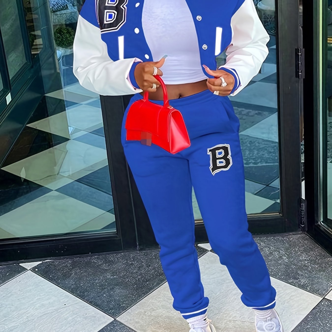 Trendy Letter Print Womens Two-Piece Set - Color Block Bomber Jacket with Slant Pockets & Chic Pants Outfit - Casual & Comfortable Clothing