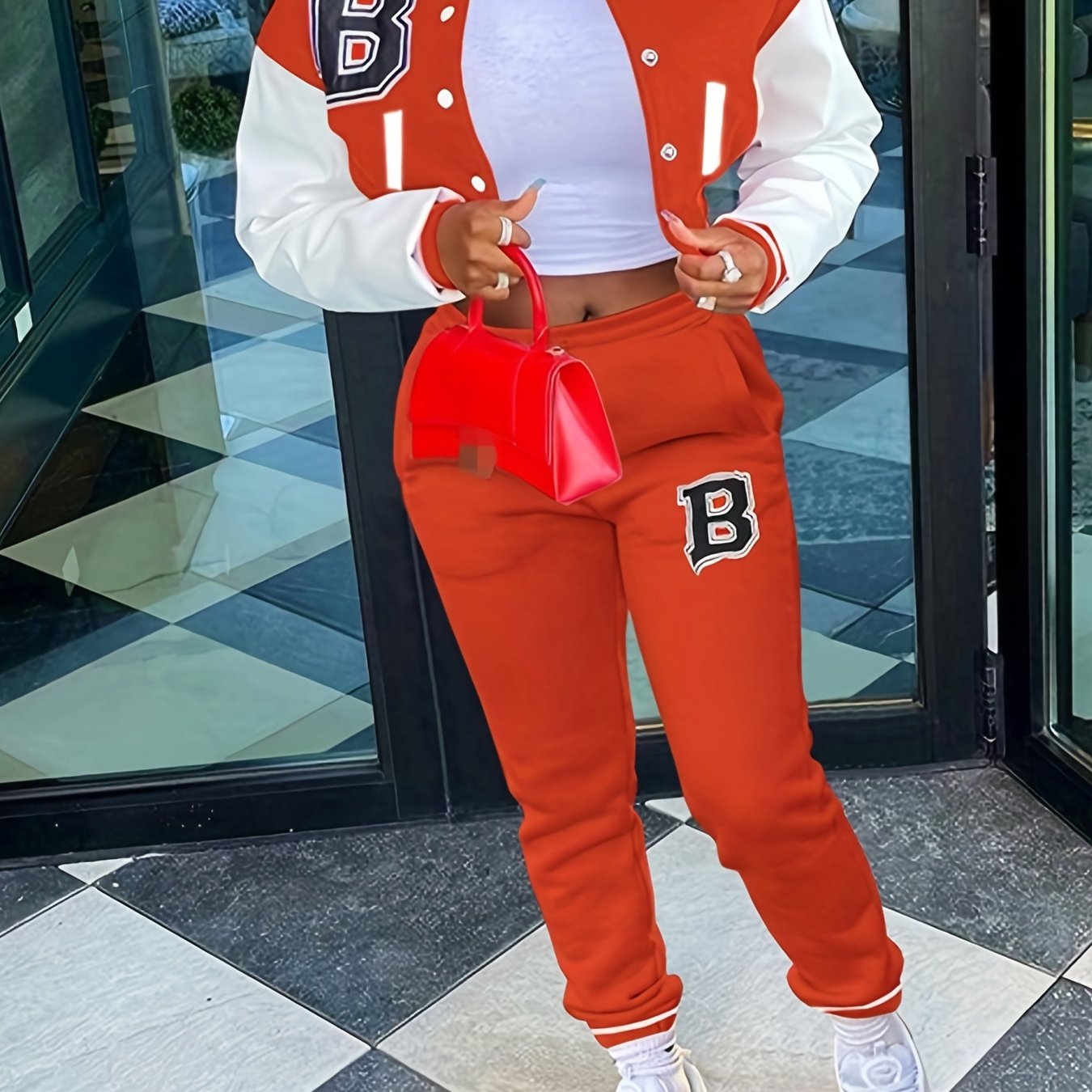 Trendy Letter Print Womens Two-Piece Set - Color Block Bomber Jacket with Slant Pockets & Chic Pants Outfit - Casual & Comfortable Clothing