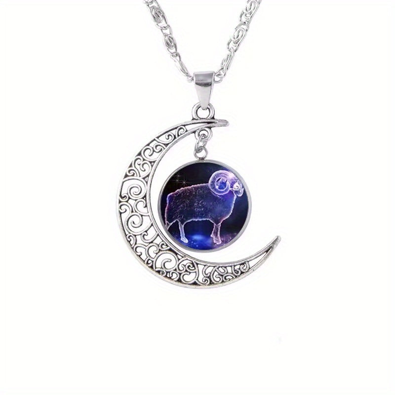 Twelve Zodiac Constellations Moon Phase Necklace - Timeless Gemstone Pendant with Adjustable Chain - Unique Personality Jewelry and Birthday Gift Idea for Women and Girls