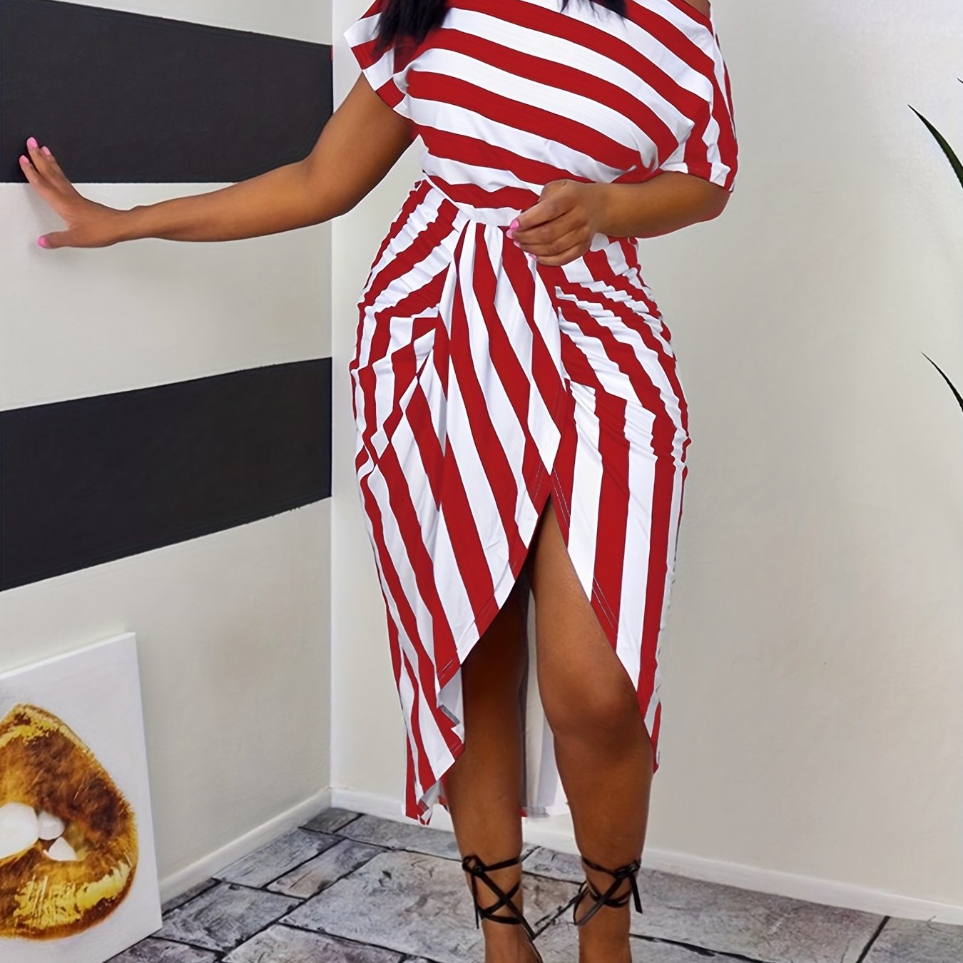 Striped Off Shoulder Dress, Casual Asymmetrical Short Sleeve Dress, Women's Clothing