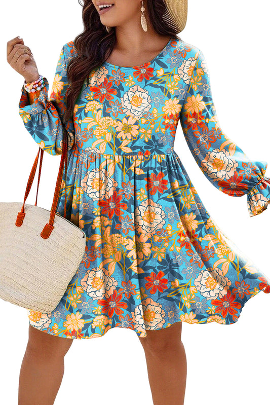 Blue Plus Size Floral Ruffled Long Sleeve Flowy Mini Dress