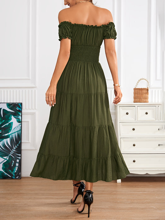Off Shoulder Shirred Waist Dress, Elegant Aline Smocked Maxi Dress For Spring & Summer, Women's Clothing