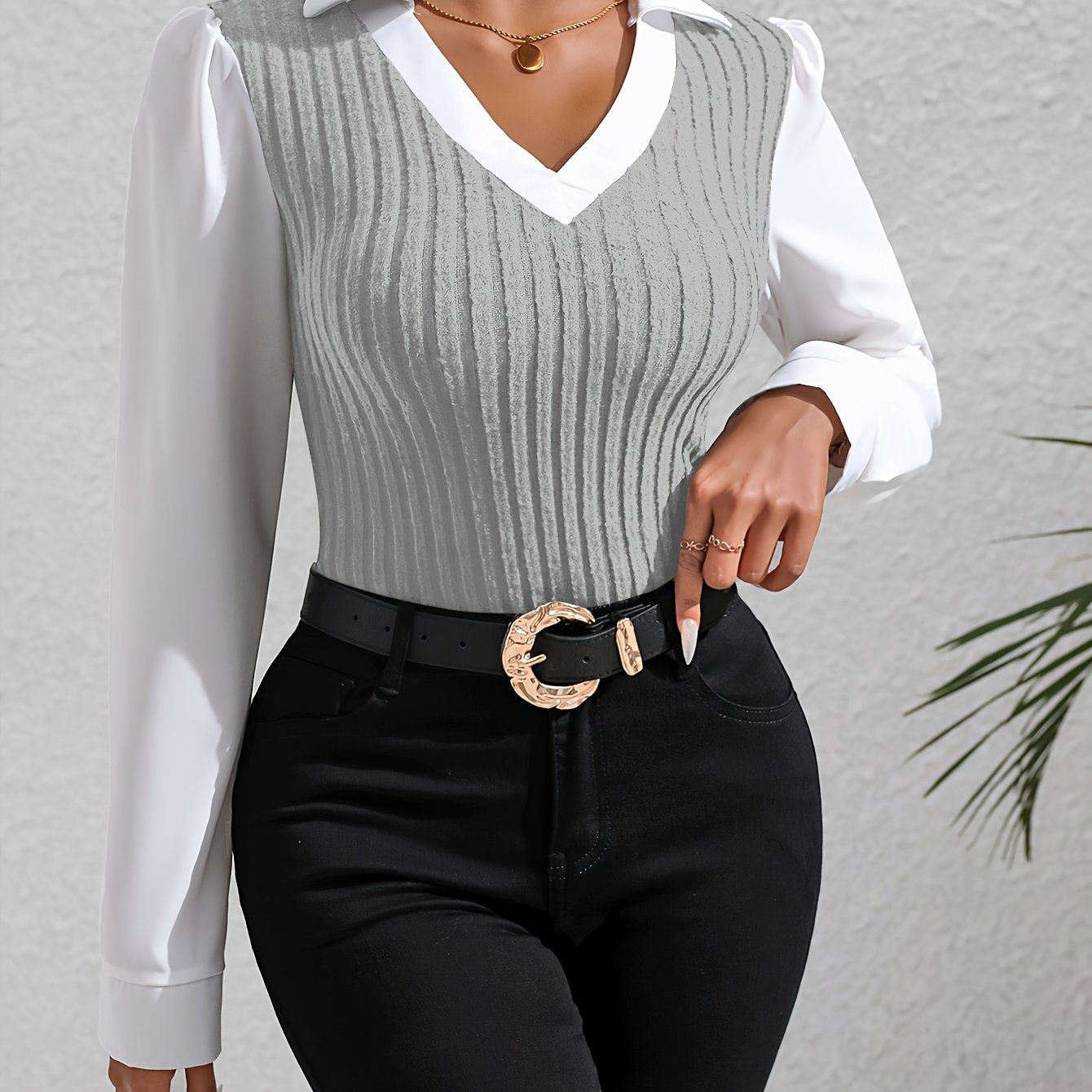 Chic Color Block Blouse with Faux Twinset - Trendy Lapel Collar & Long Sleeves - Ideal for Spring & Fall - Womens Casual Fashion Essential