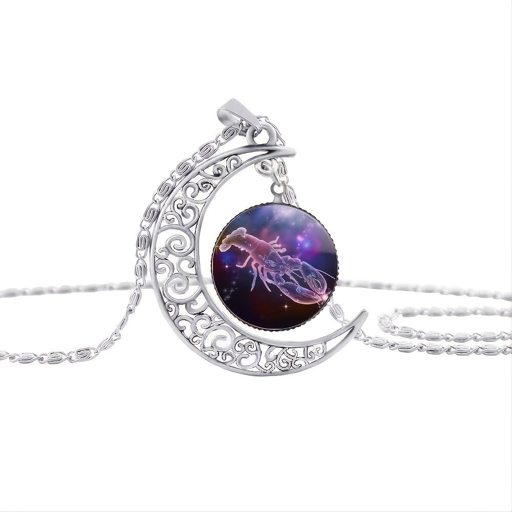Twelve Zodiac Constellations Moon Phase Necklace - Timeless Gemstone Pendant with Adjustable Chain - Unique Personality Jewelry and Birthday Gift Idea for Women and Girls