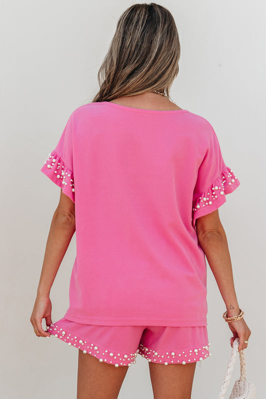 Bright Pink Textured Pearled Ruffle Sleeve Top 2 Piece Shorts Set