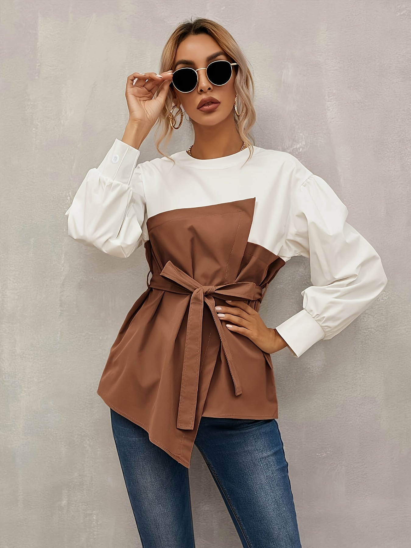 Chic Color Block Long Sleeve Blouse for Women - Polyester, Machine Washable, Non-Sheer - Perfect for Spring & Fall